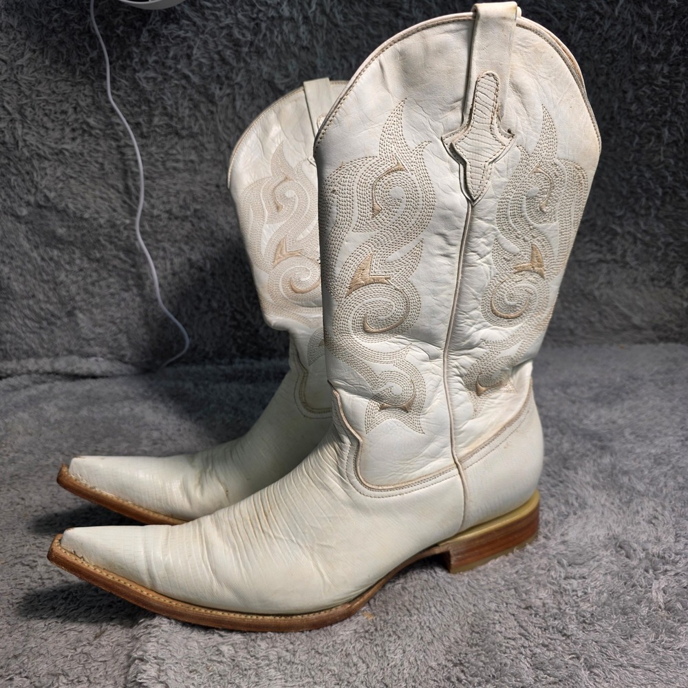 Tres Garcia Cowboy Boots White Lizard Skin Pointed Toe Mens 10.5 Good